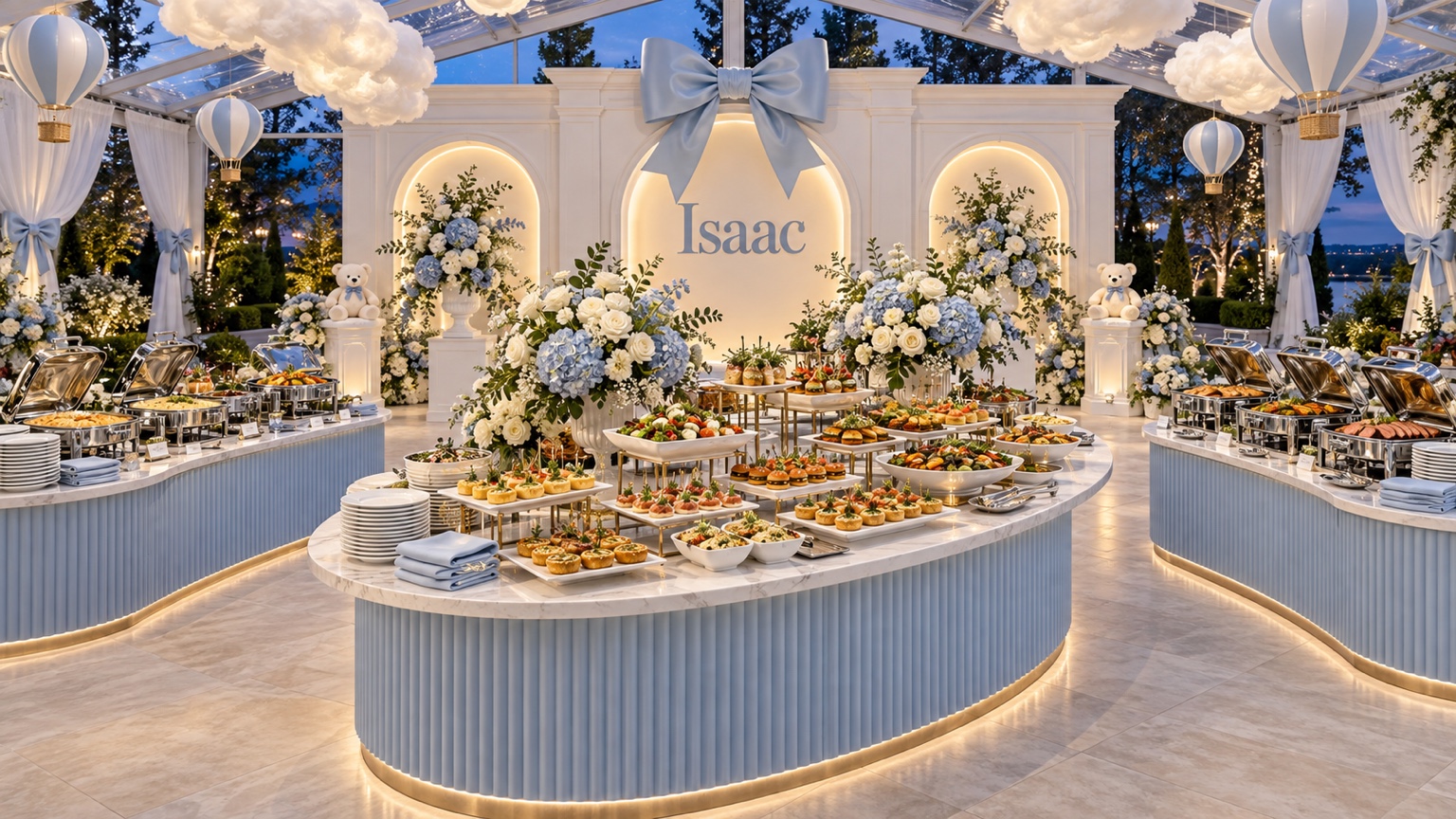 Buffet do chá do Isaac, decorado em azul e branco