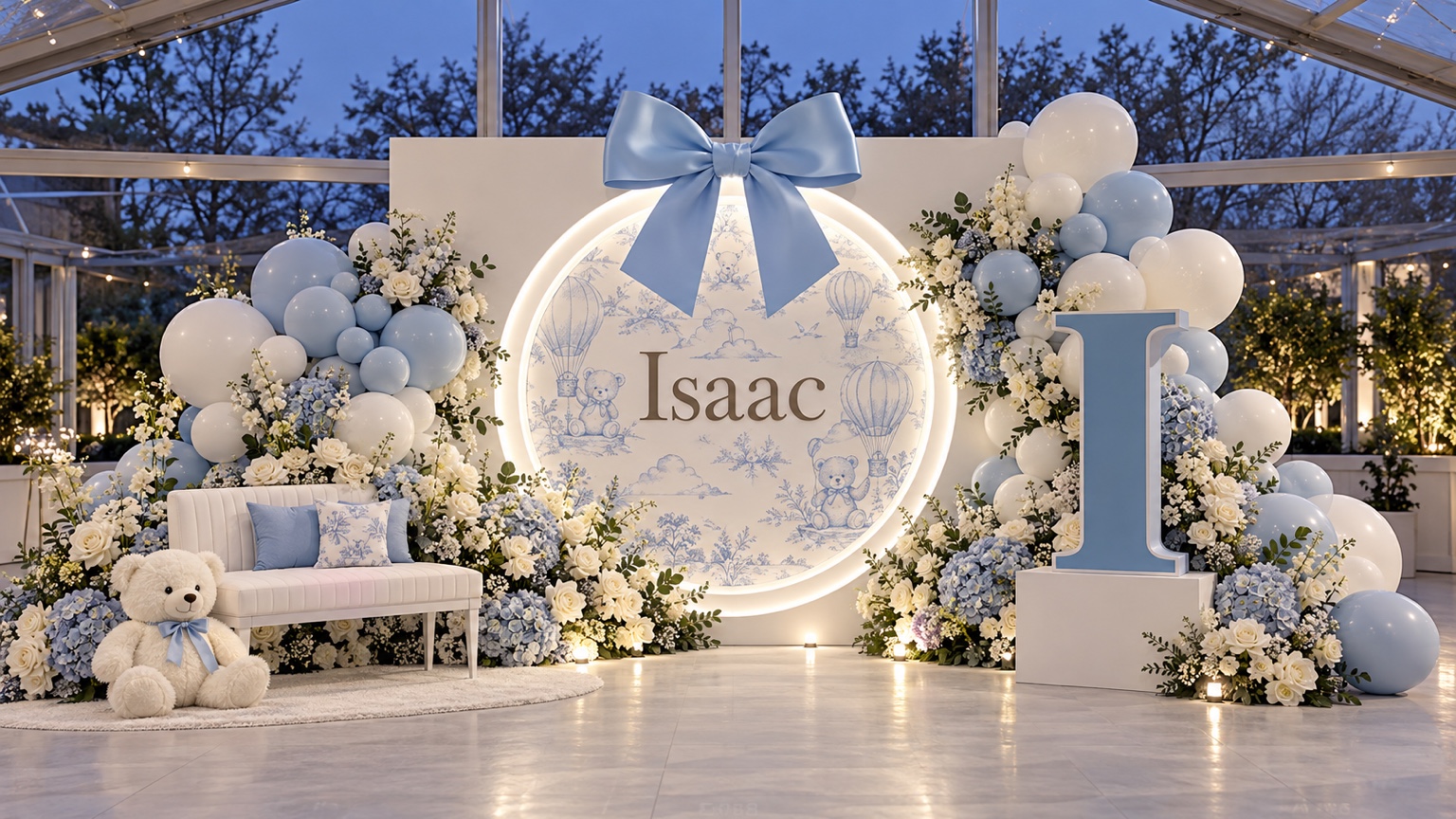 Espaço de fotos do chá do Isaac, decorado em azul e branco