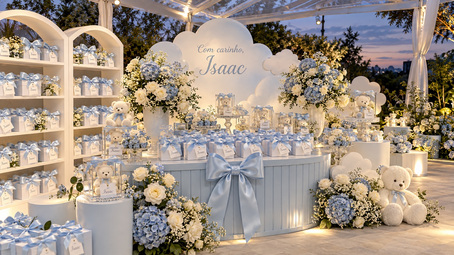 Lembrancinhas do chá do Isaac, decorado em azul e branco