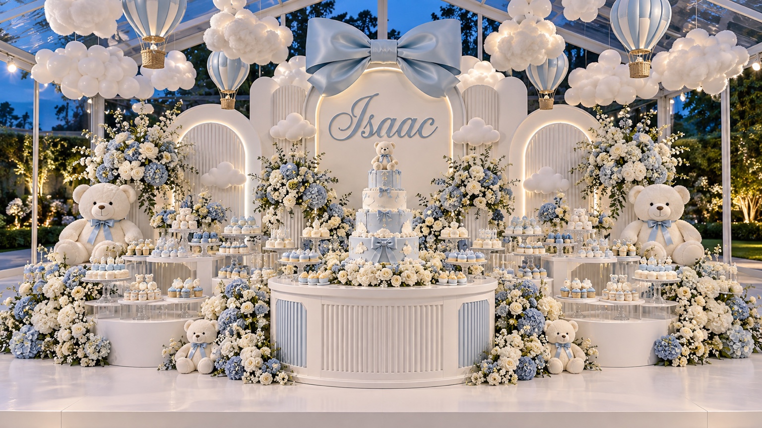 Mesa do bolo do chá do Isaac, decorado em azul e branco